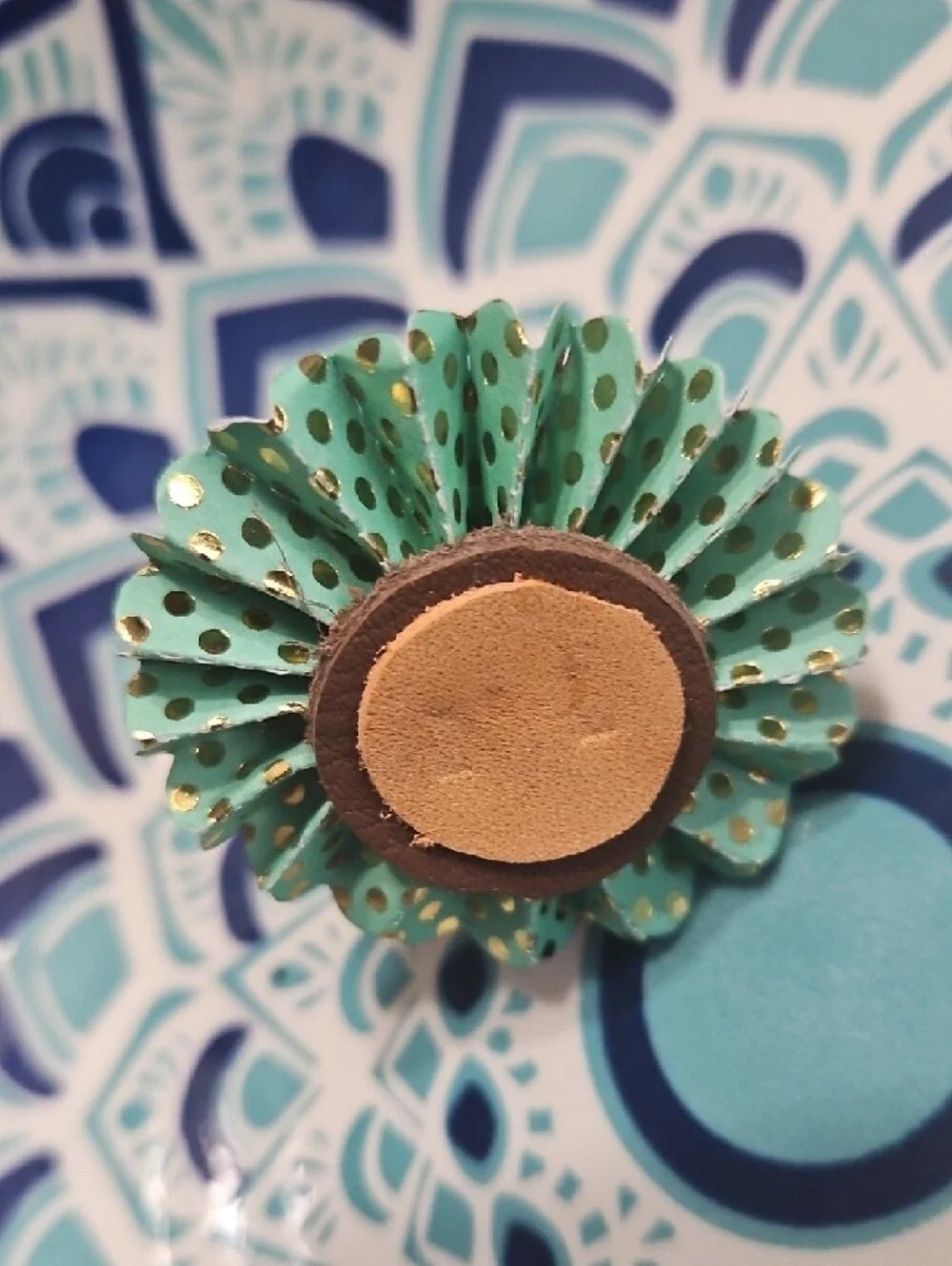Hand Crafted Genuine Leathetlr Turquoise Polka Dot Flower Pet Collar Charm NEW